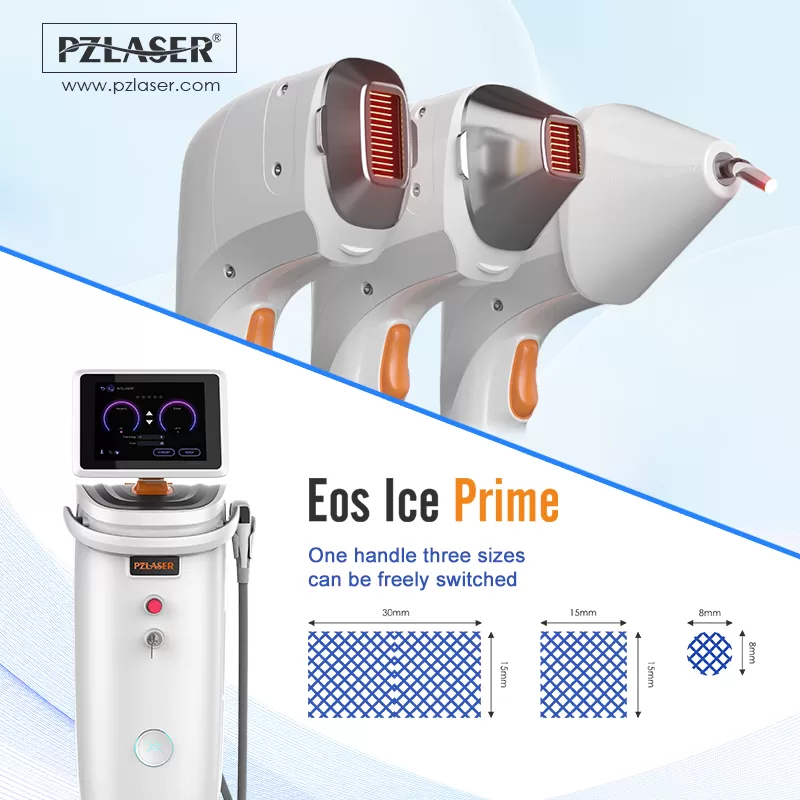 Eos Ice Prime laser device by PZLASER with a single handle offering three interchangeable spot sizes (30mm, 15mm, and 8mm), ideal for versatile hair removal treatments with precision.