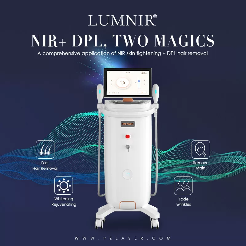 LUMNIR® NIR+DPL beauty device featuring NIR skin tightening and DPL hair removal technologies, designed for fast hair removal, skin whitening and rejuvenation, wrinkle reduction, and scar removal.